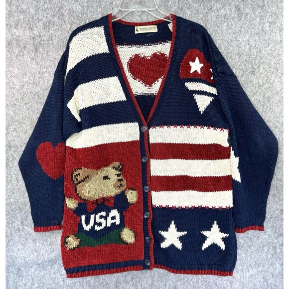 Marsh Landing Cardigan Size Medium Red Blue White USA Bear Stars Stripes Sweater - Picture 1 of 11